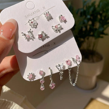 DAIIIBABYYY  -  Sweet Cool INS Pink Color Rhinestone Crystal Geometry Stud Earrings Set Women Korean Fashion Kpop Tassel Earring Jewelry